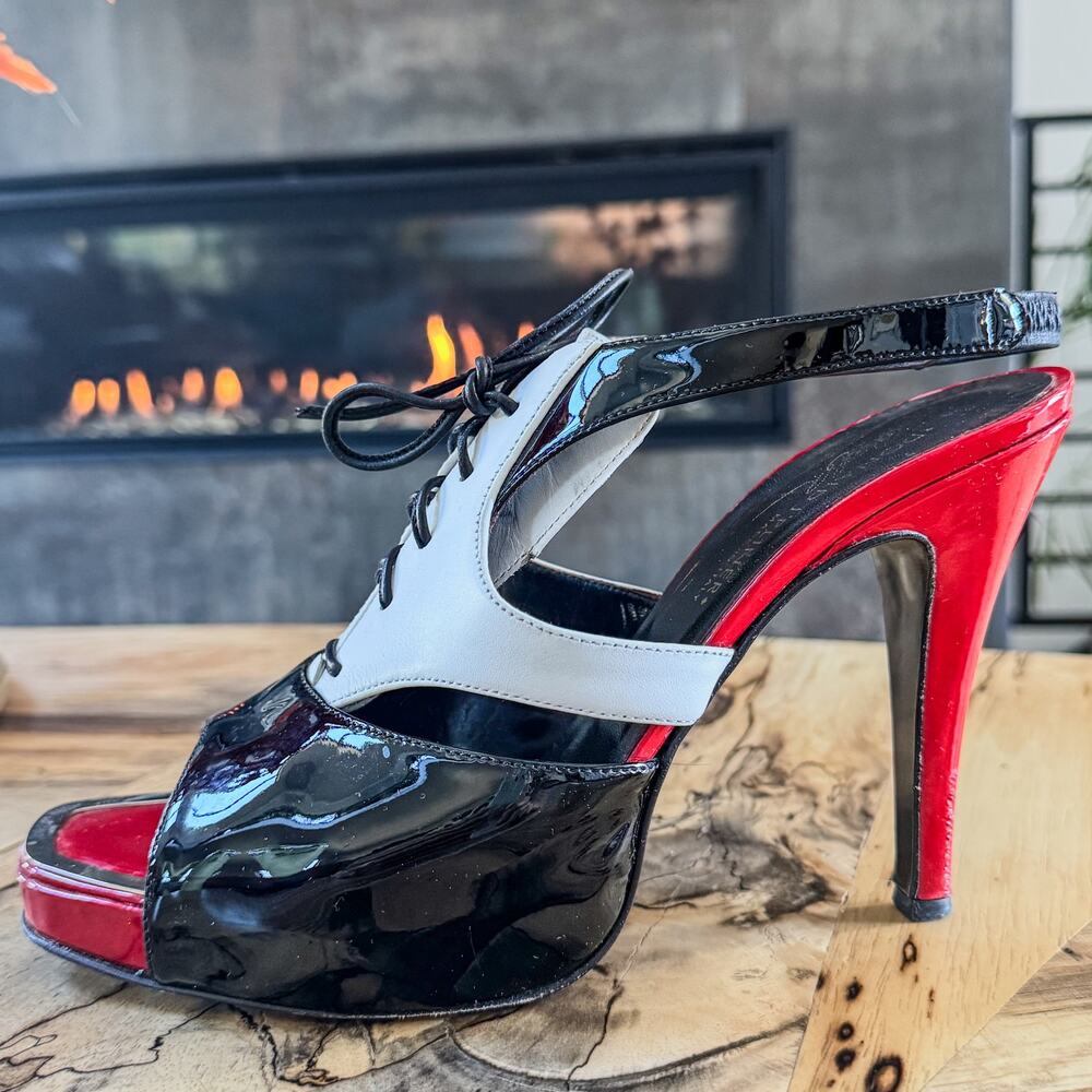 Donald J. Pliner Patent Leather Lace Up Tuxedo Open Toe Heels Made in Italy, 9.5 - Picture 6 of 10